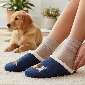 Lands End Navy Felt Scuff Sherpa Lined Cozy Dogs Navy Cork Slippers Size 8